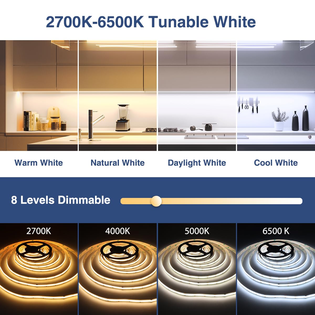 Ustarus COB LED Strip Lights White 32.8ft, Dimmable Tunable White 2700K-6500K, No Spot Continuous LED Light Strip, CRI93+, RF Remote, Flexible LED