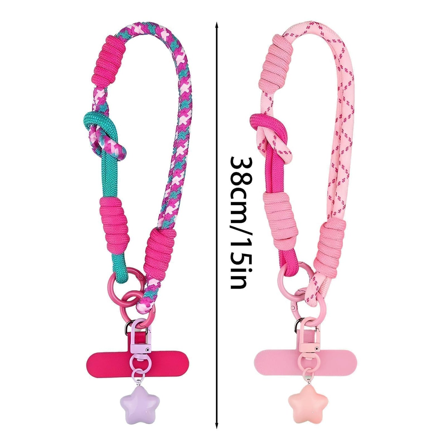 Wouputy 2 Pieces Adorable Pink and Rose Red Star Pendant Braided Phone Wrist Strap, Sweet Phone Strap Charm Wristlet For Cellphone Case Purse Bag