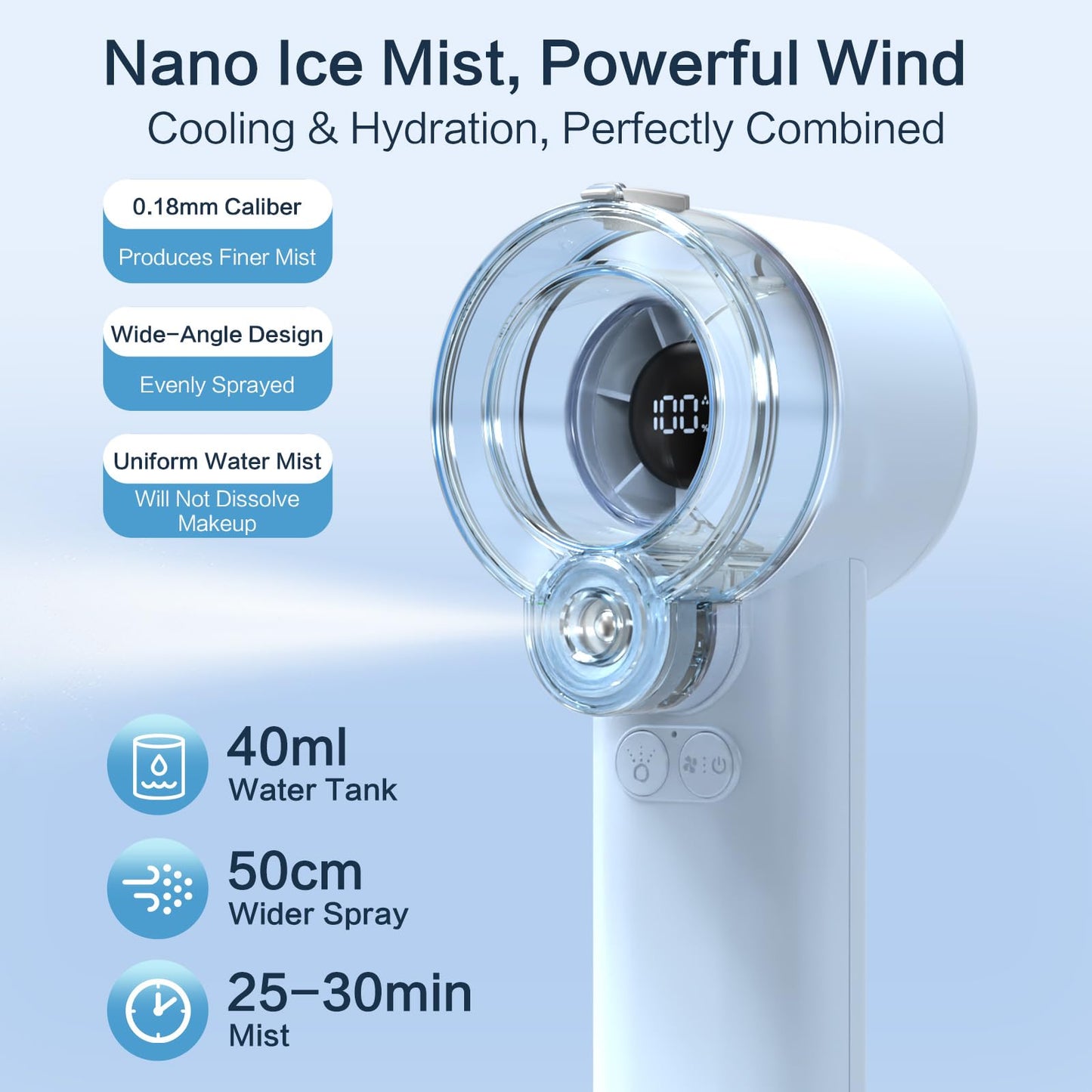 FONASONIC 2-in-1 Handheld Misting Fan, Portable Water Spray Fan Rechargeable with 5 Speeds & LED Display, Personal Mini Cooling Fan with Detachable