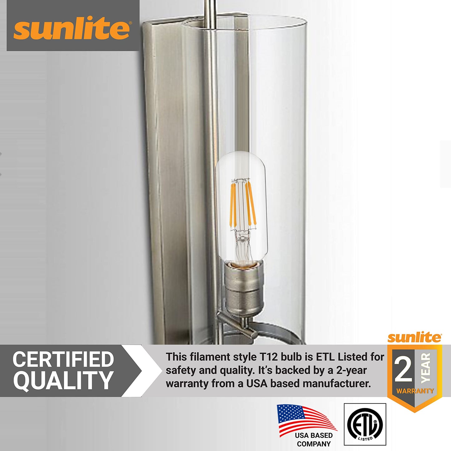 Sunlite LED Filament T12 Tubular Light Bulb, 3 Watts (40W Equivalent), 350 Lumens, ETL Listed, 100 mm, Medium E26 Base, Dimmable, 2700K Soft White, 1