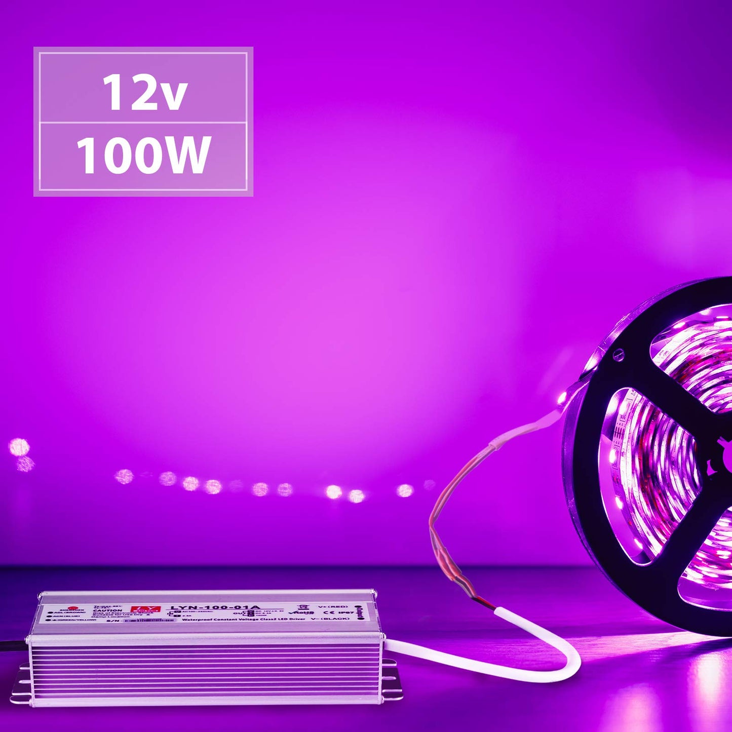 LED Driver 100 Watts 110V AC to 12V DC Low Voltage Output, IP67 Waterproof Power Low Voltage Transformer Adapter with 3 pin Plug LED Cable for LED