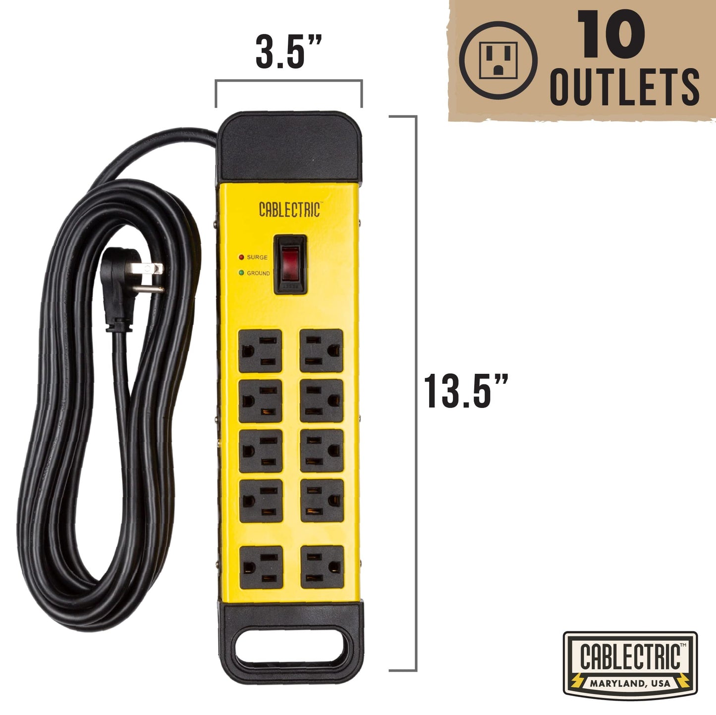 10 Outlet Heavy Duty Surge Protector Power Strip - Industrial Black and Yellow Metal Surge Protector with 15 Foot Extension Cord | Cablectric is an