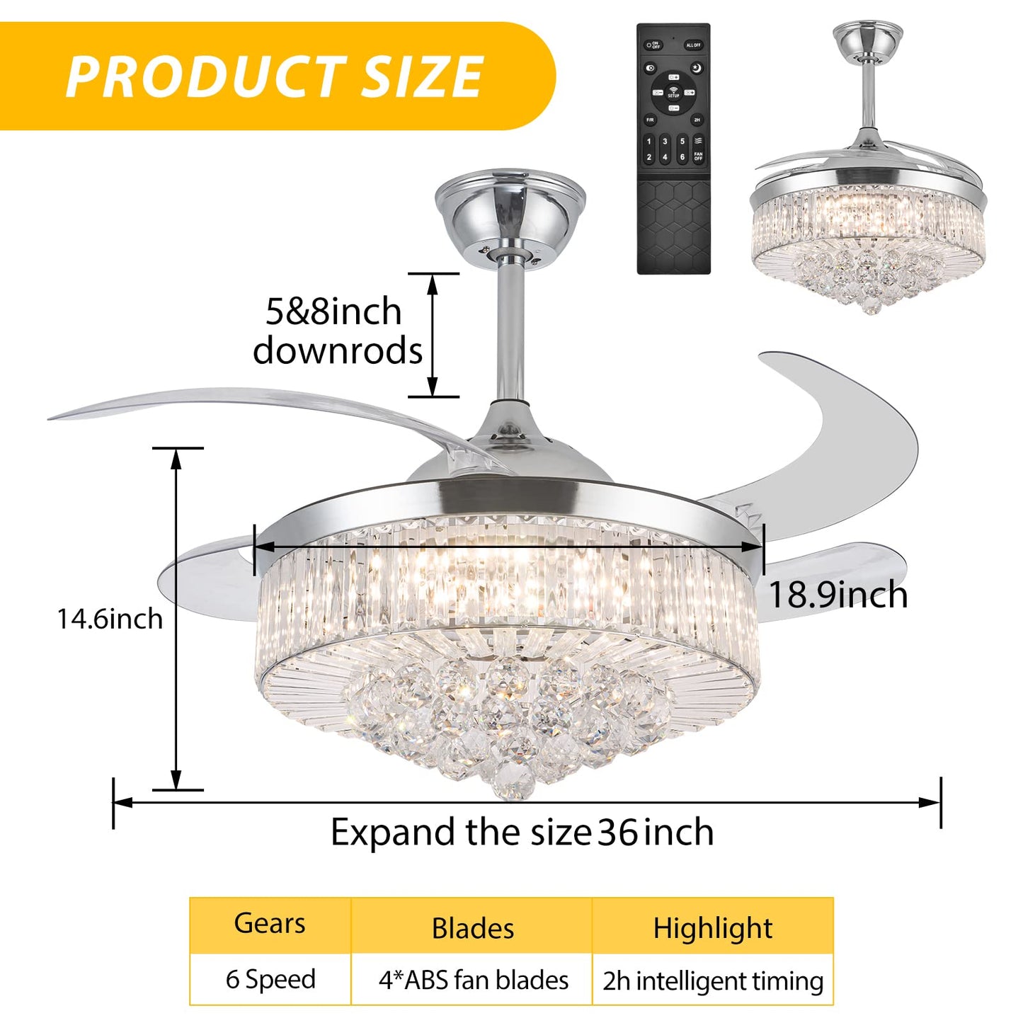 Bavnnro Crystal Ceiling Fans with Light,36” Retractable Chandelier Fan LED Dimmable Crystal Ceiling Fan Light Kits with Remote Control for Decorate
