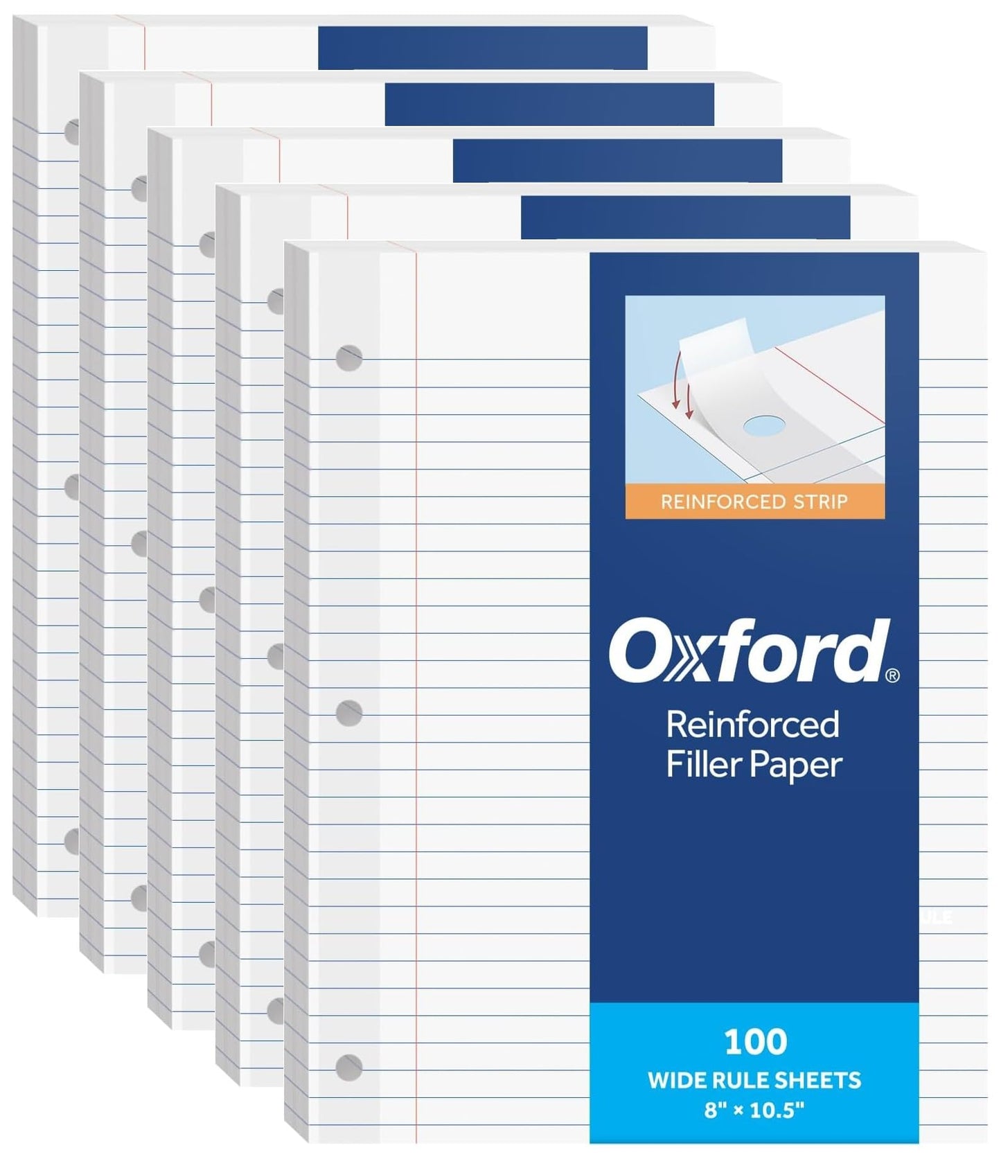 Oxford Reinforced Filler Paper, 8 x 10.5 Inch, Wide Rule, 3 Hole Punched, Lined Loose Leaf Paper for Ring Binders, 500 Sheets, White (1002098)