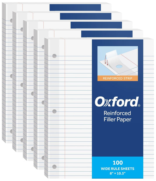 Oxford Reinforced Filler Paper, 8 x 10.5 Inch, Wide Rule, 3 Hole Punched, Lined Loose Leaf Paper for Ring Binders, 500 Sheets, White (1002098)