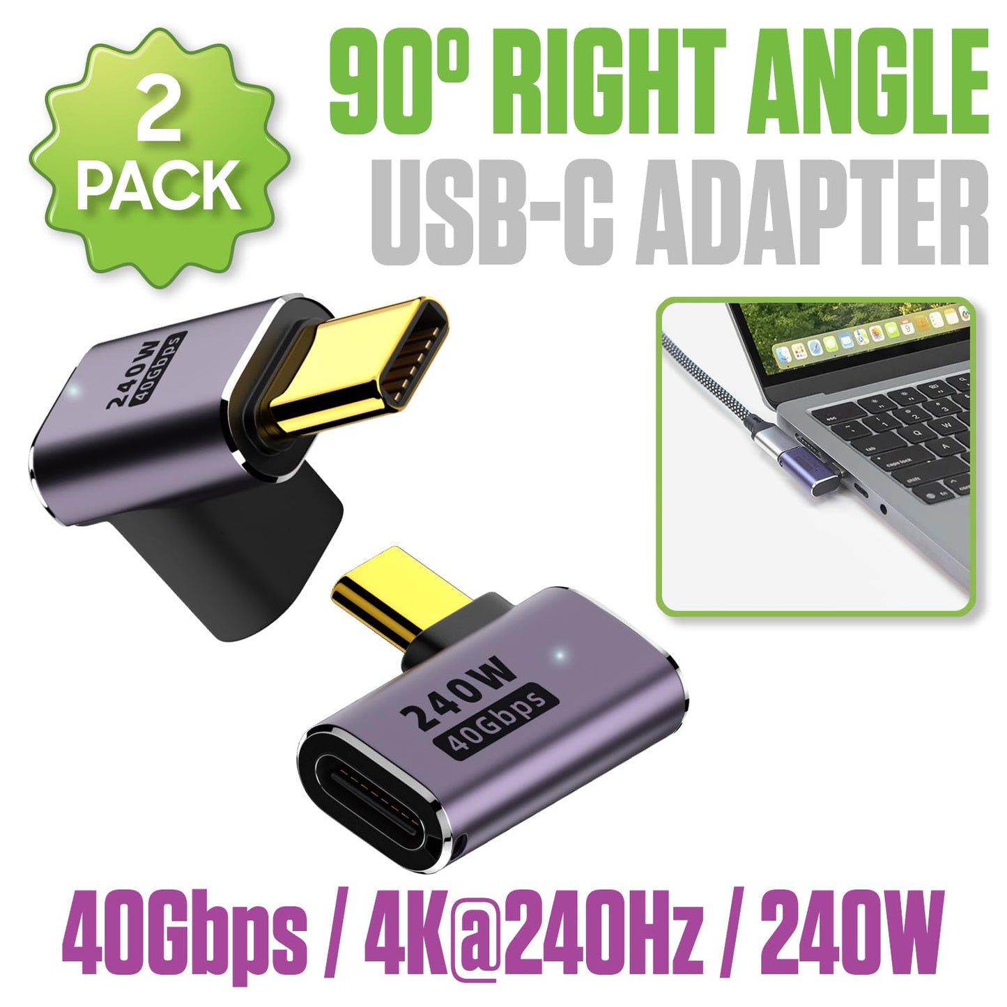Cellet 90° Right Angle USB-C Adapter, 240W PD Fast Charging, 40Gbps Data Transfer, 4K@240Hz, 2-Pack