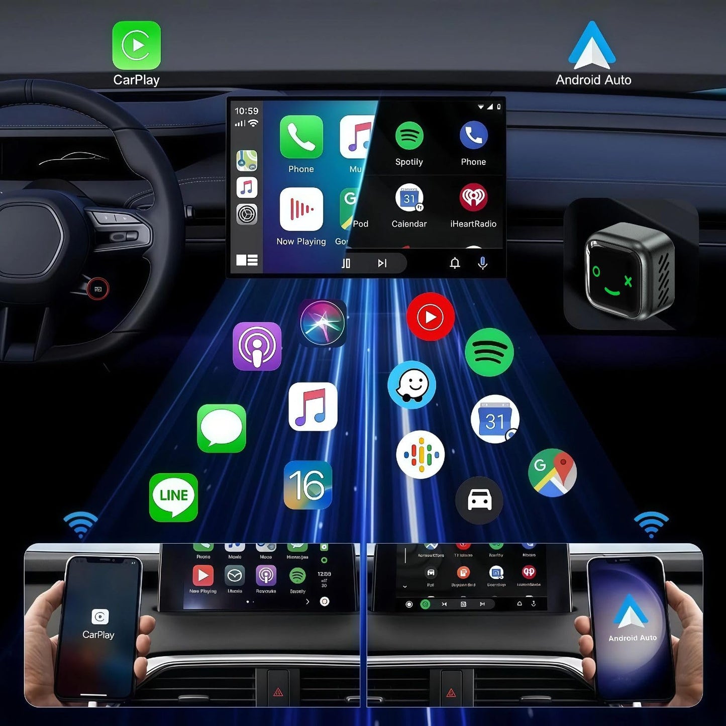 HNSYCHH Mini CarPlay & Android Auto Adapter, Wireless Car Play Adapter, Plug and Play, No Delay, Auto Reconnect, Stable Connection,Convert Wired