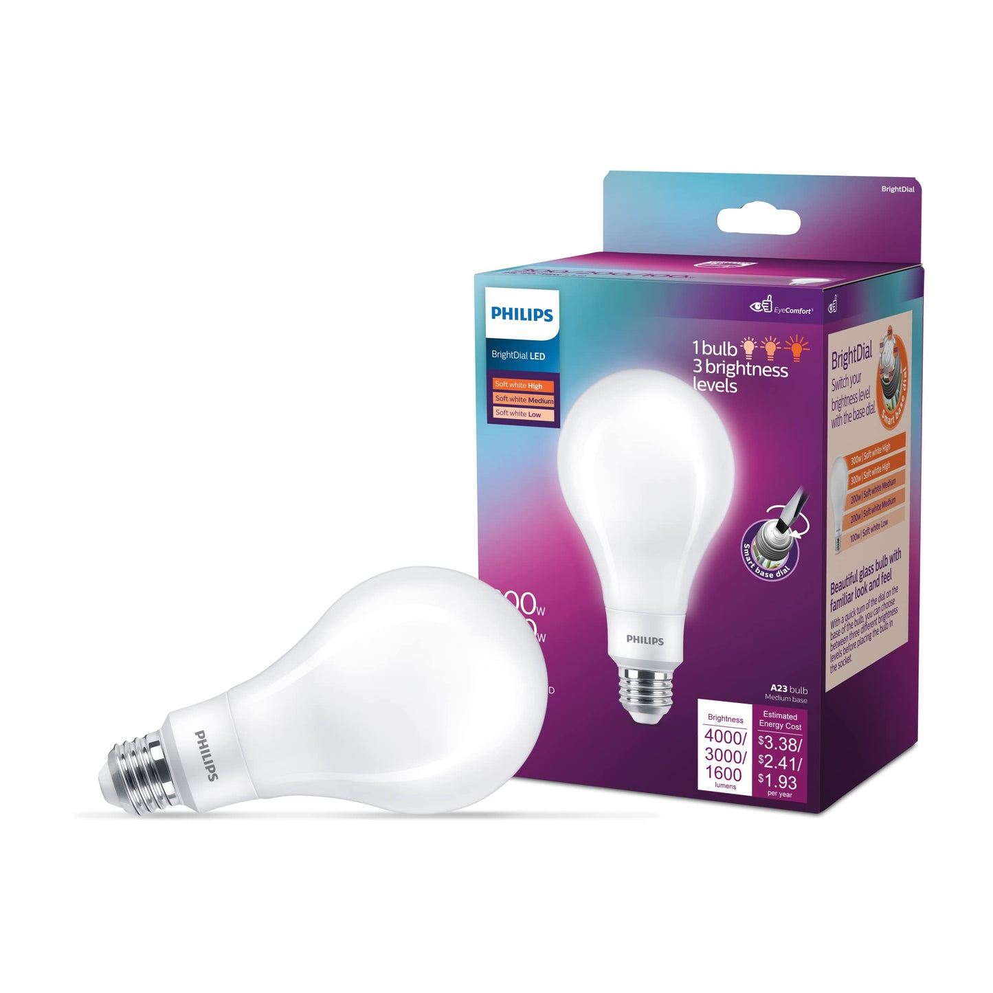PHILIPS LED 300-200-100W A23 1-Pack BrightDial Soft White (2700K) 4000-3000-1600 Lumen (28-20-16 = 300-200-100W) Frosted Flicker-Free Light Bulb