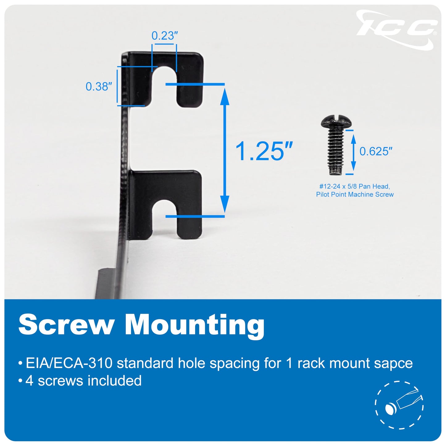 ICC Cable Manager Bracket Panel, 1U Rack Mount Space, Black Powder Coat Finish, Cable Management for 19" Racks and Cabinets, Metal, 5" Deep, Pack of 6
