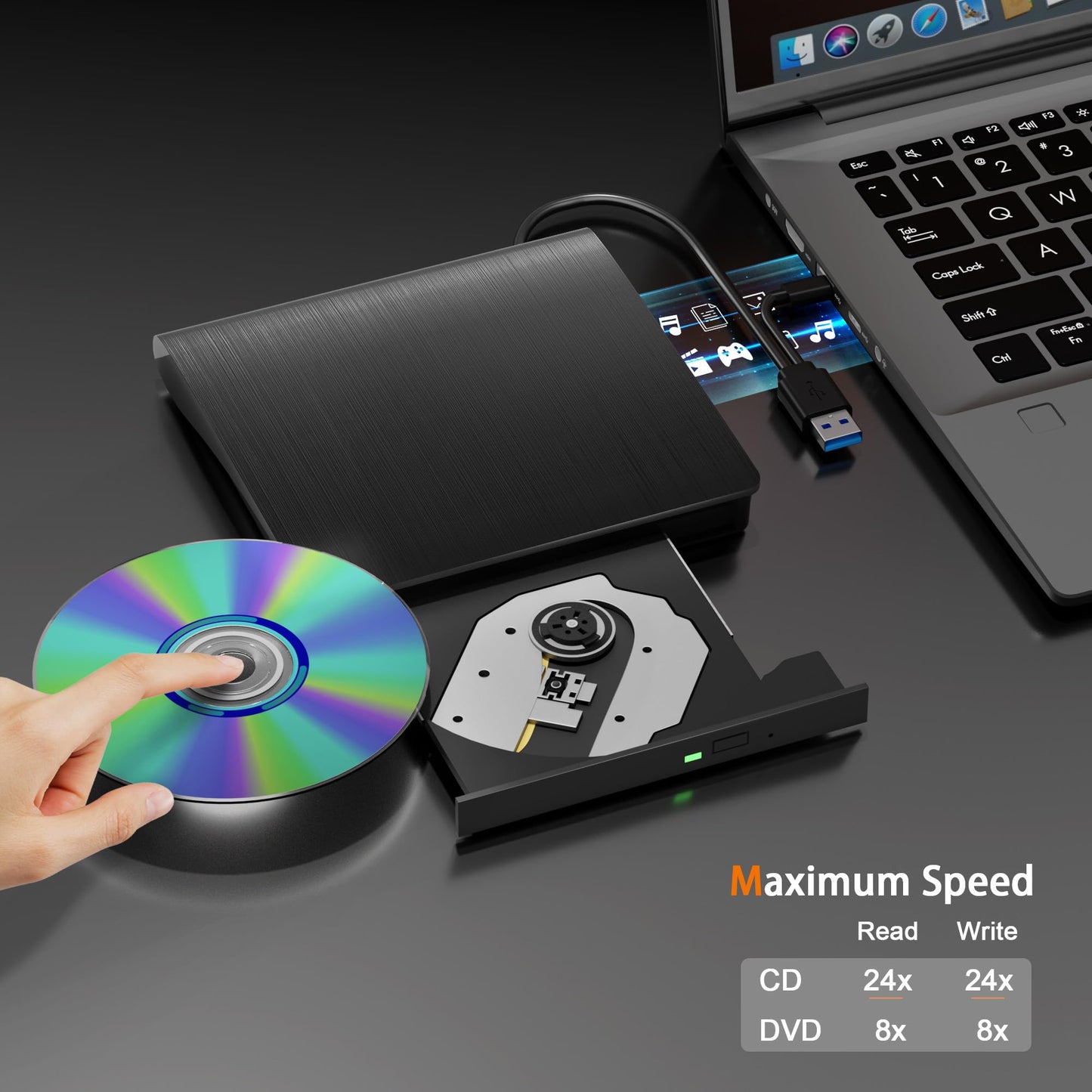 juwuoi External CD/DVD Drive for Laptop PC CD DVD Player USB 3.0 Portable Optical Drive CD Burner Compatible with Windows 10 11 Linux Mac OS (Black)