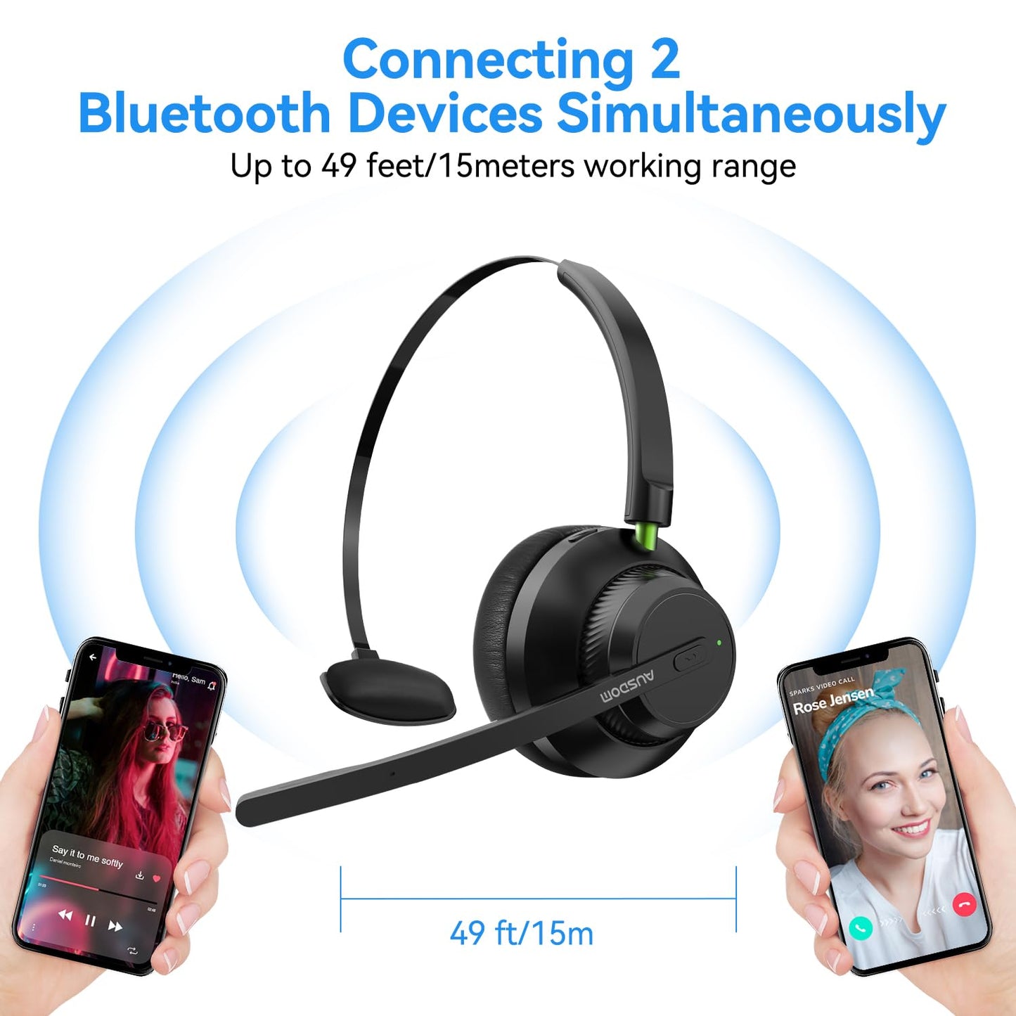 AUSDOM Trucker Bluetooth Headset with Microphone: A2301 Wireless 5.2 On-Ear Headset with AI Noise Cancelling Mic & Mute Button, 50H Playtime for Work