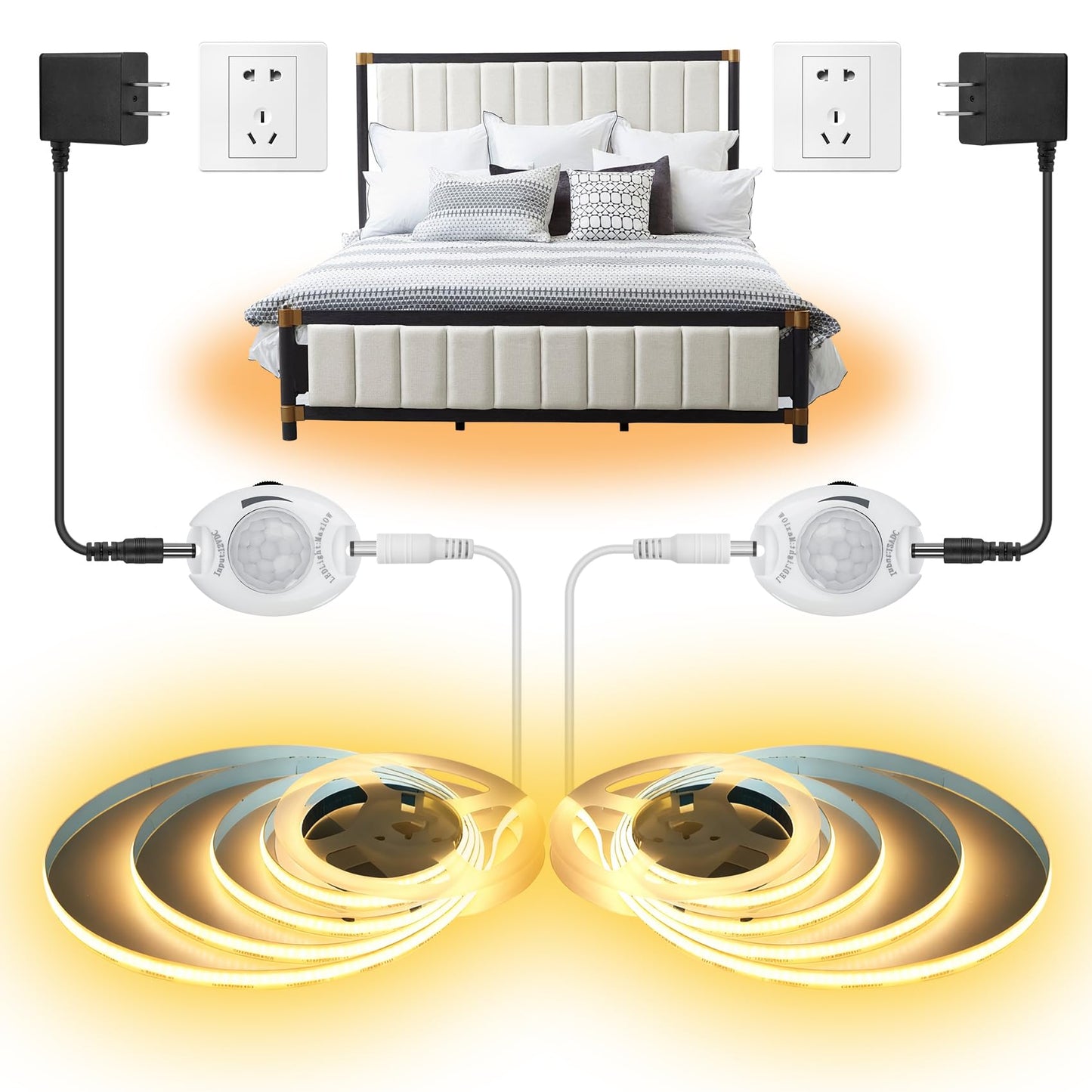 Taormey Motion Activated COB LED Strip Bed Lights, 2 x 6.56Ft Warm White COB LED Strip Motion Sensor Under Bed Lights,12V Dimmable Motion Sensor Night