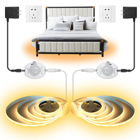 Taormey Motion Activated COB LED Strip Bed Lights, 2 x 6.56Ft Warm White COB LED Strip Motion Sensor Under Bed Lights,12V Dimmable Motion Sensor Night