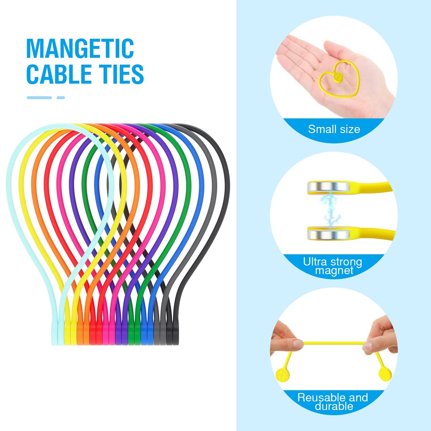 Magnetic Cable Ties Silicone 9 Inch Reusable Magnetic Twist Ties for Cord Cable Organizer and Bundling, Can Be Use in Home Office School Outdoor (10