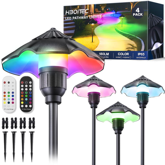 HIBOITEC 4-Pack RGBW Low Voltage Pathway Lights 3W 12-24V LED Landscape Lighting Outdoor Color Changing Landscape Lights Aluminum Waterproof Path
