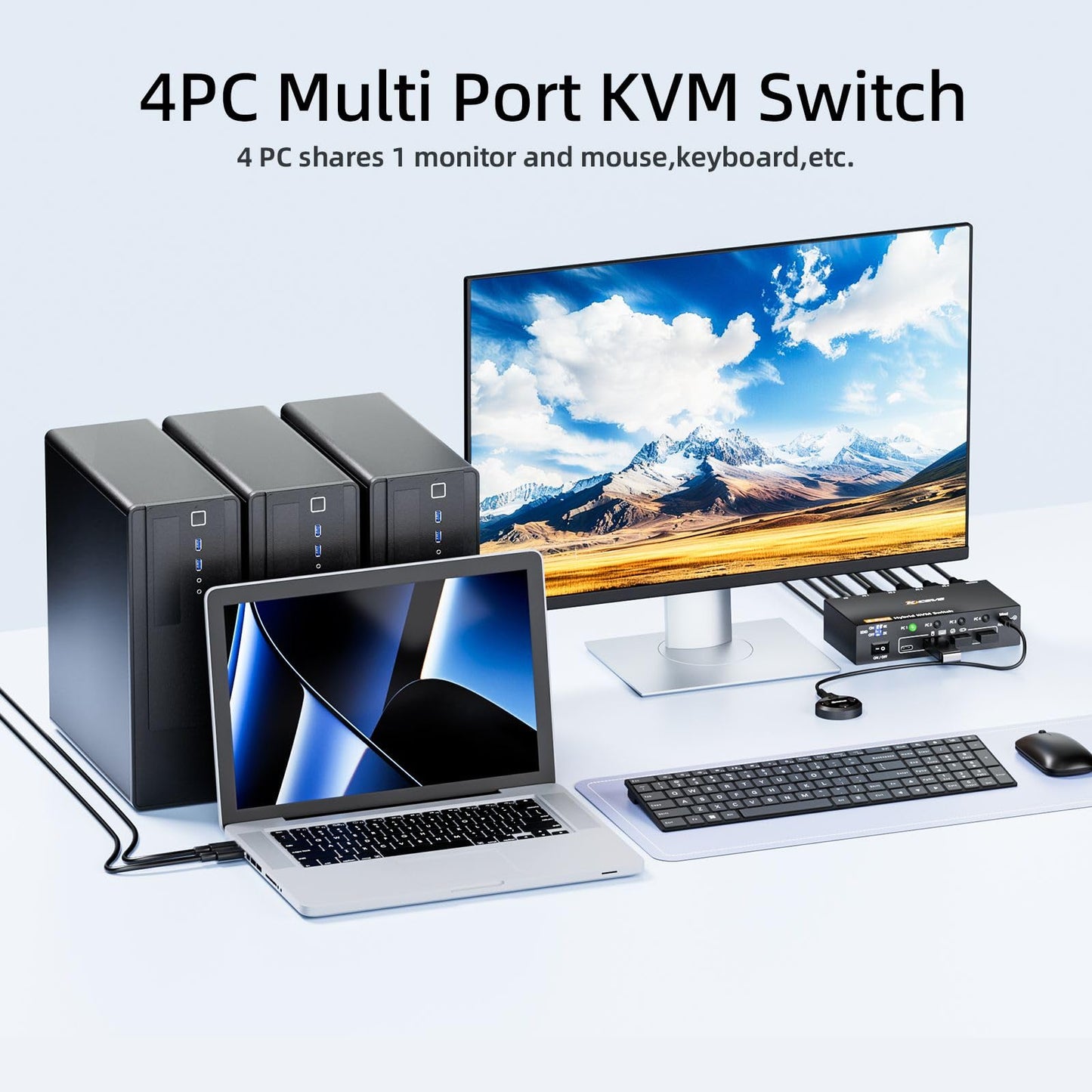 KVM Switch 1 Monitors 4 Computers (USBC+DP+2HDMI Input),4 Ports Hybrid KVM Switch Allow 4 PC Share 1 Monitors and 4 USB Devices Such as Keyboard Mouse