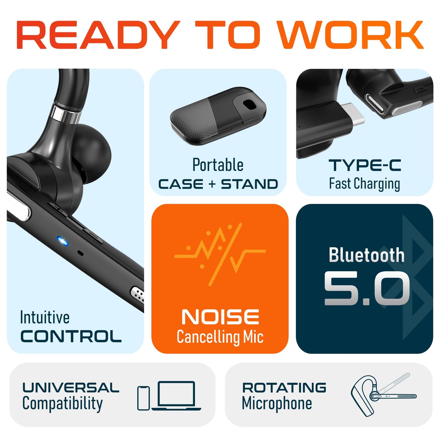 Ultralight Bluetooth Headset with Noise Cancelling Microphone, Bluetooth Earpiece with Carrying Case, Wireless Headset for PC/Laptop, Compatible