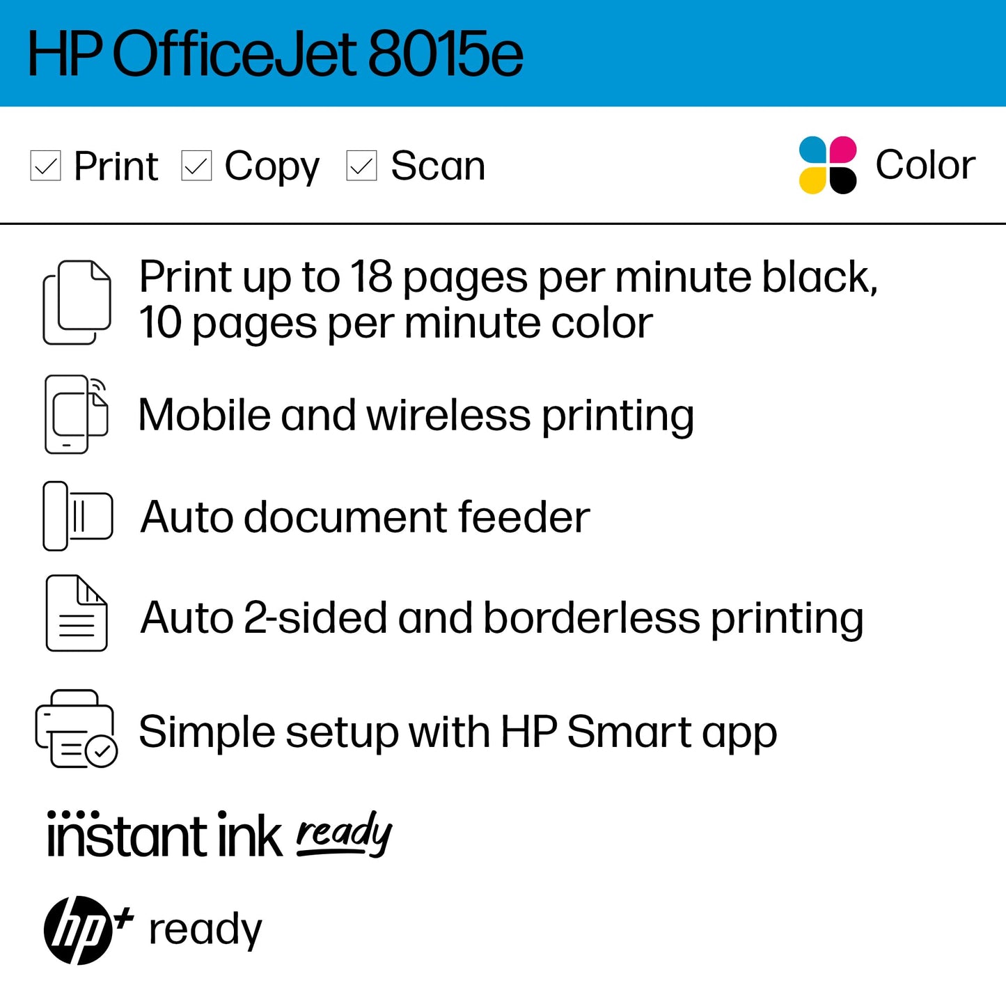 HP OfficeJet 8015e Wireless Color All-in-One Printer, 6 Month Instant Ink Trial Included