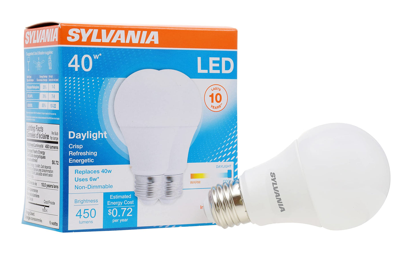 Sylvania LED Light Bulb, 40W Equivalent A19, Efficient 6W, Medium Base, Frosted Finish, 450 Lumens, Daylight - 2 Pack (74081)
