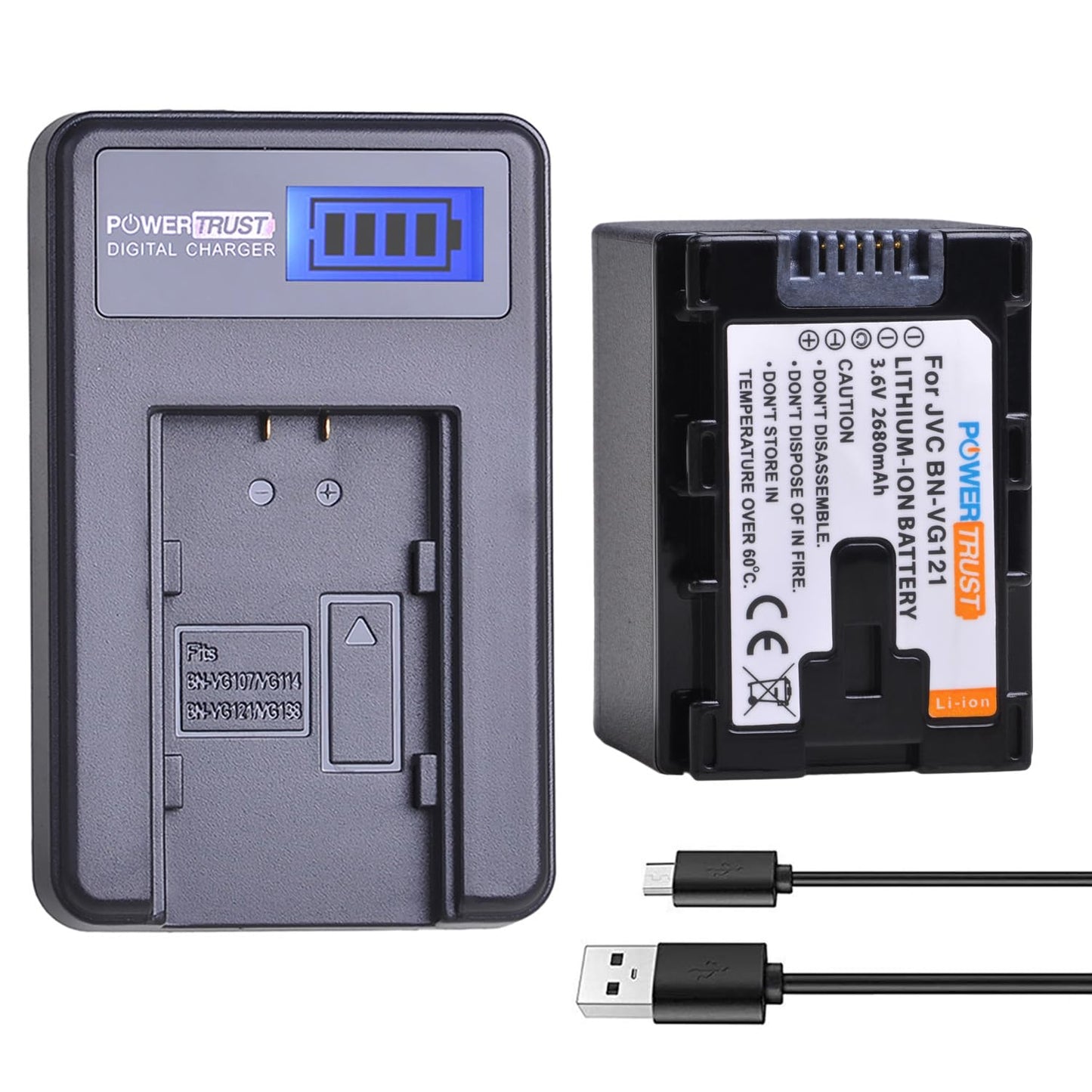 PowerTrust 1x BN-VG121 BN-VG121US VG121US Battery + LCD USB Charger for JVC Everio GZ-E Series BN-VG138, BN-VG138US, BN-VG107, BN-VG107U, BN-VG107US