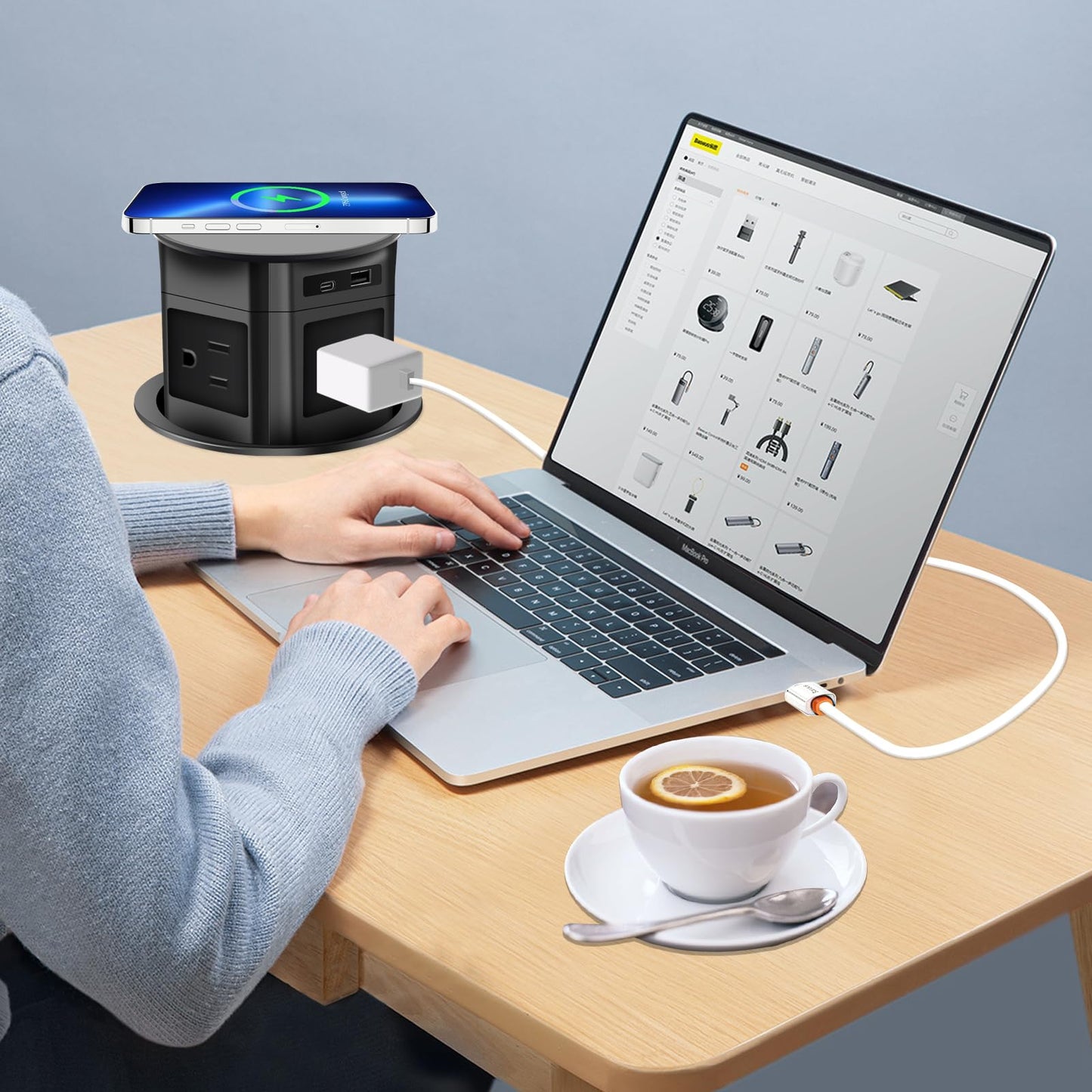 Pop Up Outlet; 15W Wireless Charger, 4 Outlets 1875W USB-A/C PD20W Super Charging 6.5FT 16AWG Cable 3.86 inch Desk Hole Pop Up Power Outlet
