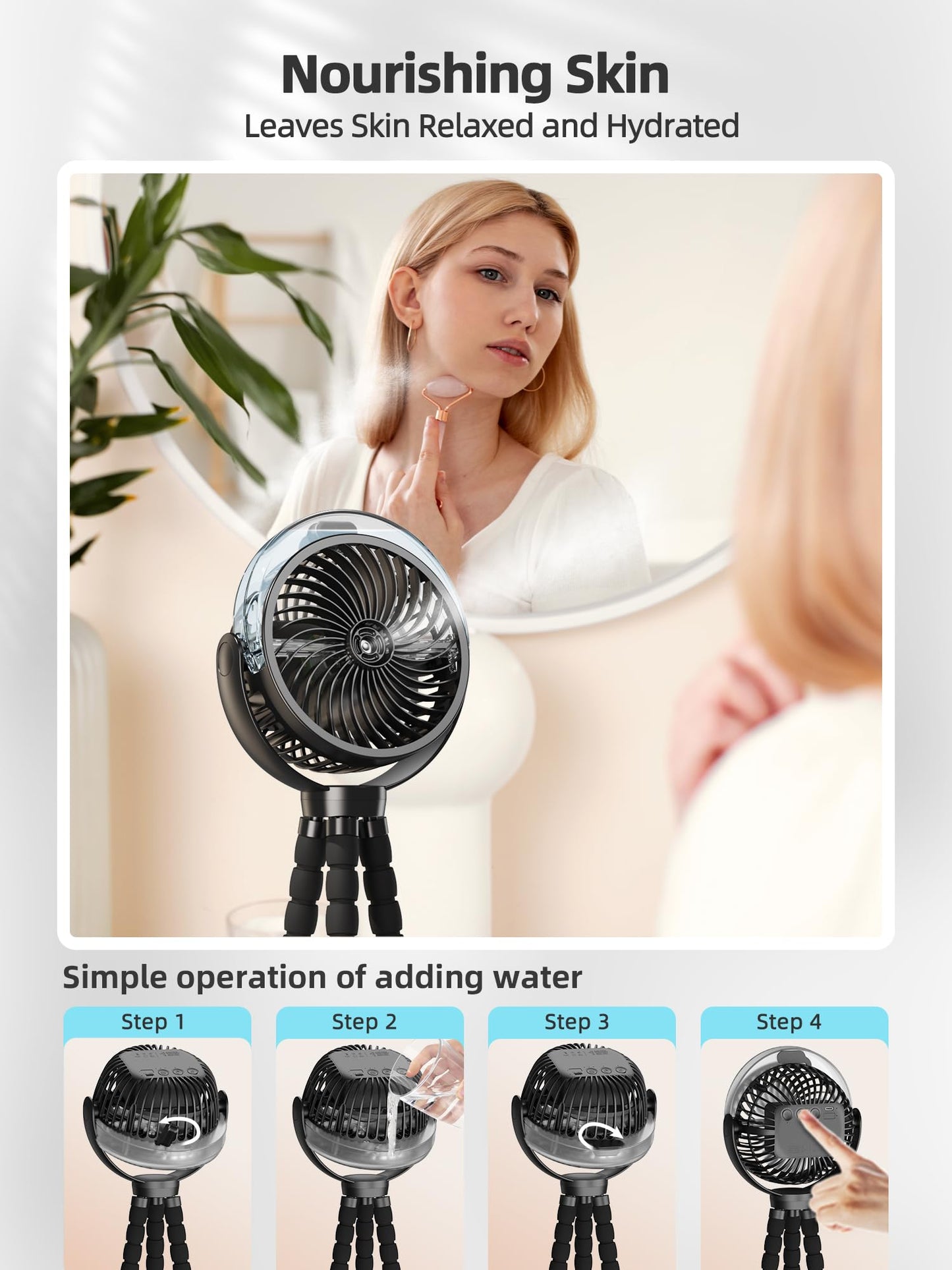 Wavmill Misting Stroller Fan, 6000mAh Battery Operated Portable Fan with Light & 360° Pivoting, Personal Fans with Flexible Tripod for Baby, Office