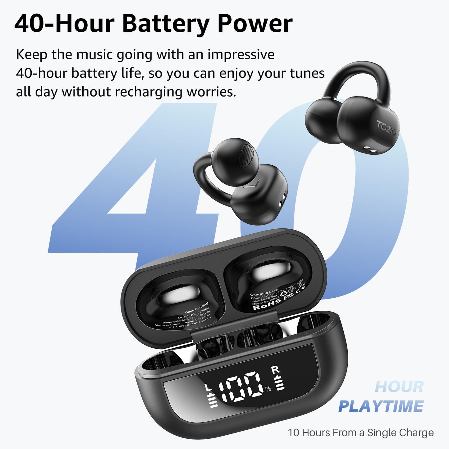 TOZO OpenEarRing True Open Ear Earbuds, Lightweight Comfort Open Ear Clip Wireless Earbuds, 40H Play Bluetooth 5.4 Headphones with Smart Digital
