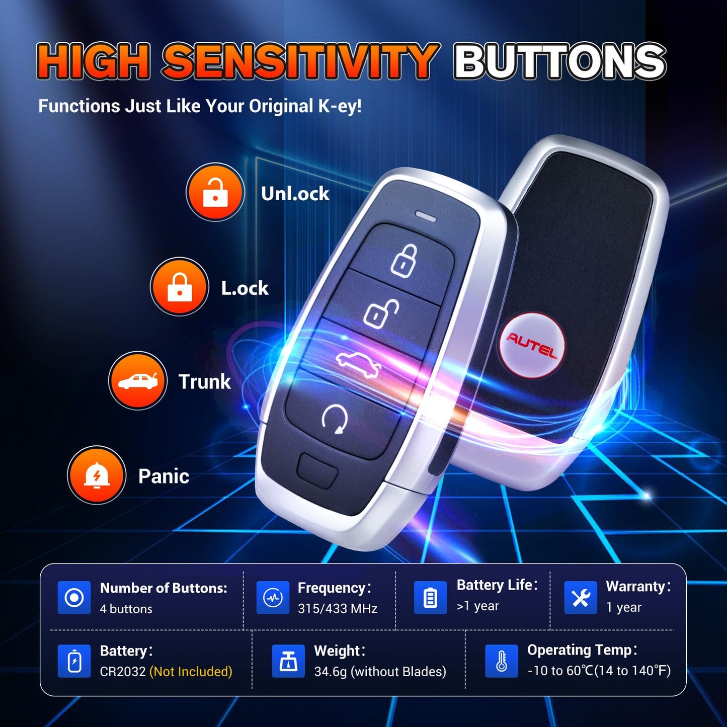 Autel Original Blank Key, IKEYAT004CL, 2026 Programmable Universal Key Fob Replacement, 4-Button, OE-Quality, Dual-Band, 130FT Remote, Work w/ KM100