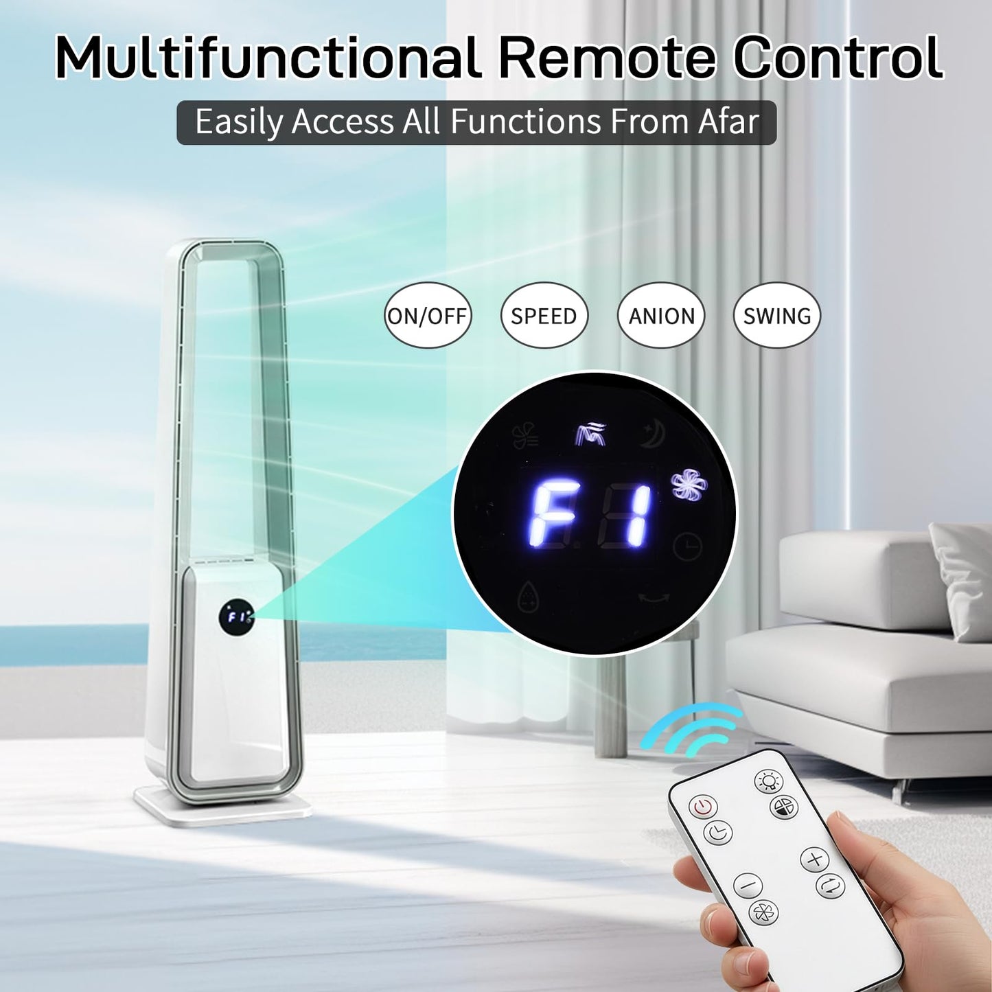 WZONICE98 35 Inch Bladeless Fan 110V 36W Tower Fan with LED Display Remote Control 3 Speeds and 3 Modes 12H Timer Oscillating Air Purification
