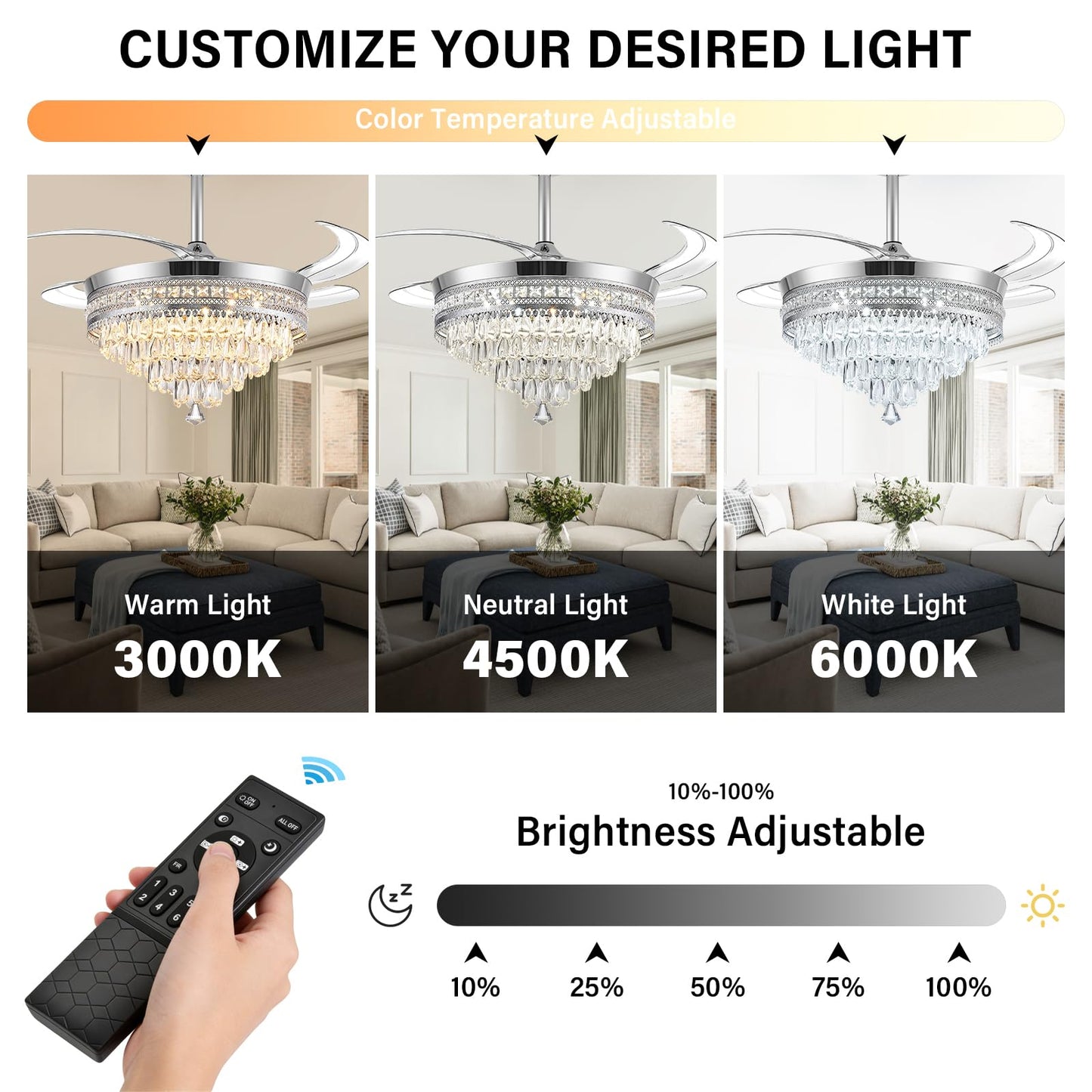 Baotree 42''Fandelier Ceiling Fan with Light and Bluetooth Speaker, Crystal Fandelier Ceiling Fan for Bedroom Living Room, Dimmable LED, Remote