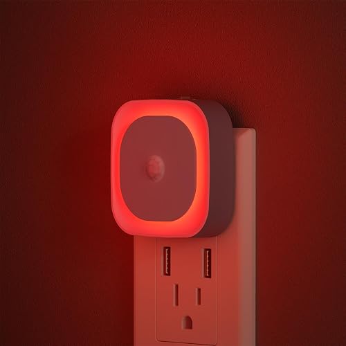 YUNLEX 2 Pack Plug in Red Night Light with Motion Sensor & Dusk to Dawn Sensor, Soft Glow, 0% Blue Light, Dimmable, Auto On/Off, 3 in 1 LED Lights