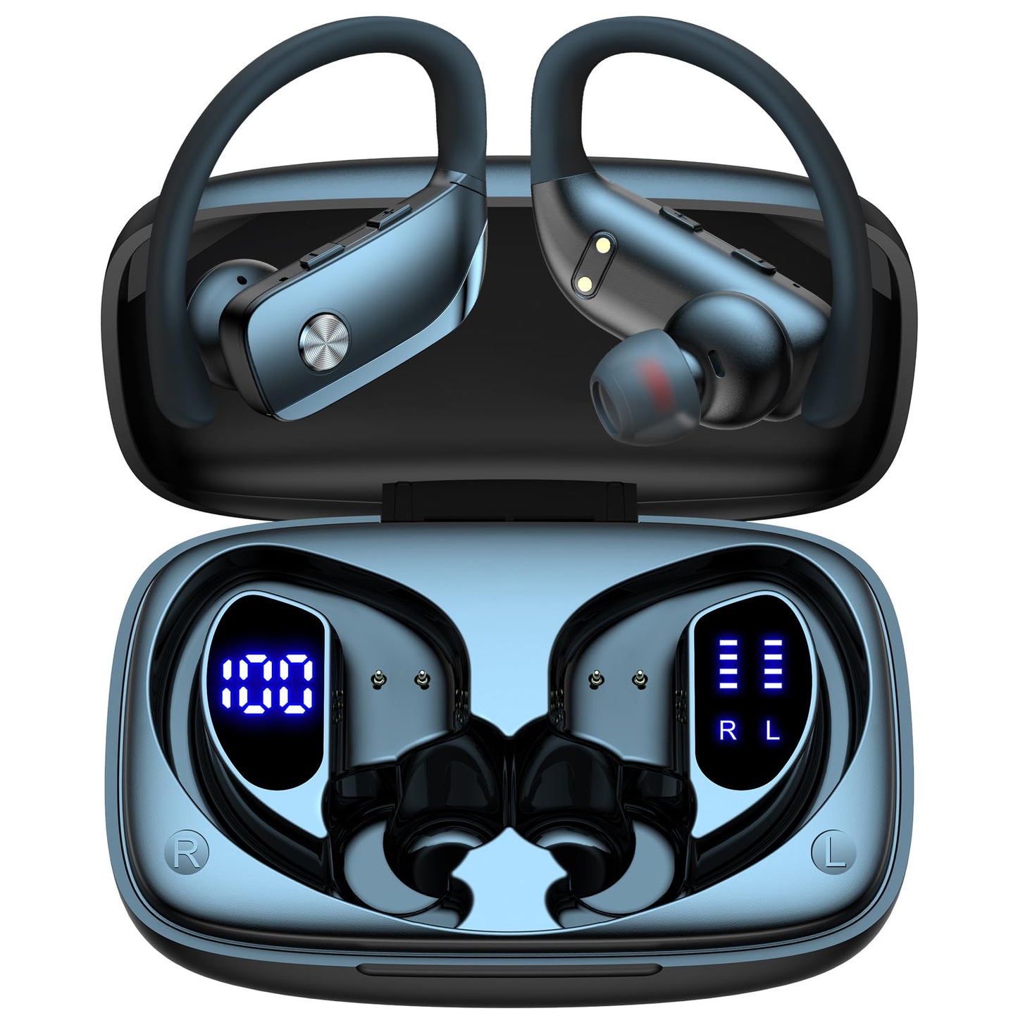 bmani Ear Buds Wireless Earbuds Bluetooth Headphones with 80H Playtime LED Display Case, Over-Ear Hook with Mic, Stereo Sound, Easy Button Controls