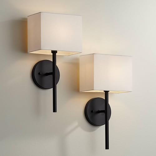 Possini Euro Design Favreau Modern Wall Light Sconces Set of 2 Black Hardwired 8" Fixture White Rectangular Linen Shade for Bedroom Living Family Room