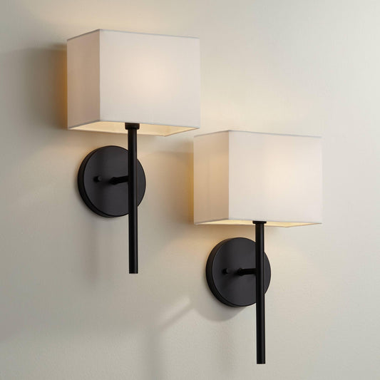 Possini Euro Design Favreau Modern Wall Light Sconces Set of 2 Black Hardwired 8" Fixture White Rectangular Linen Shade for Bedroom Living Family Room