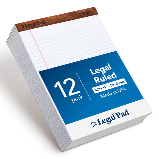 TOPS 8.5 x 11 3/4 Legal Pads, 12 Pack, The Legal Pad Brand, Wide Ruled, White Paper, 50 Sheets Per Writing Pad, Made in the USA (7533)