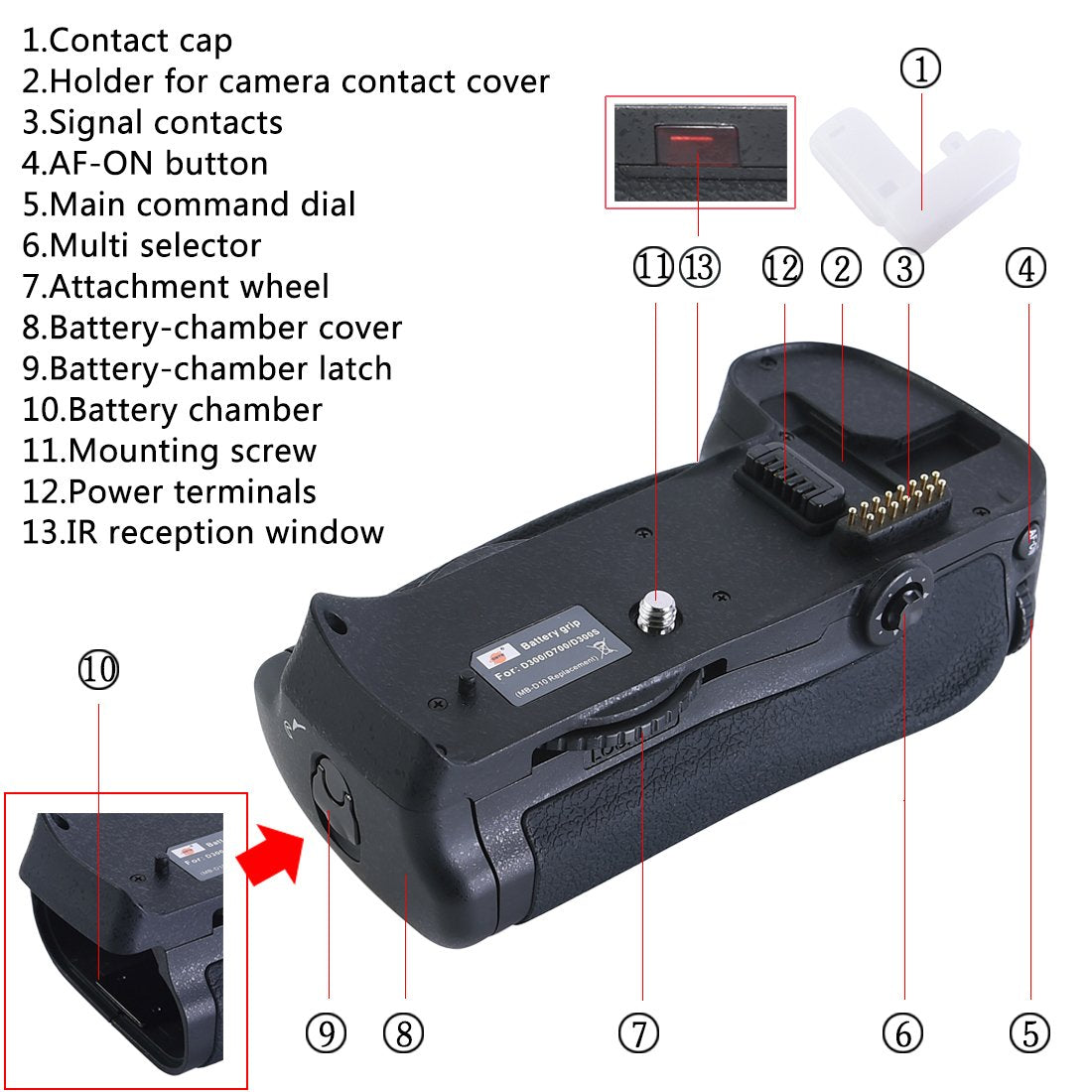 DSTE Pro IR Remote MB-D10 Vertical Battery Grip Compatible with Nikon D300 D300S D700 D900 SLR Digital Camera, Working with EN-EL3E (Not Include)