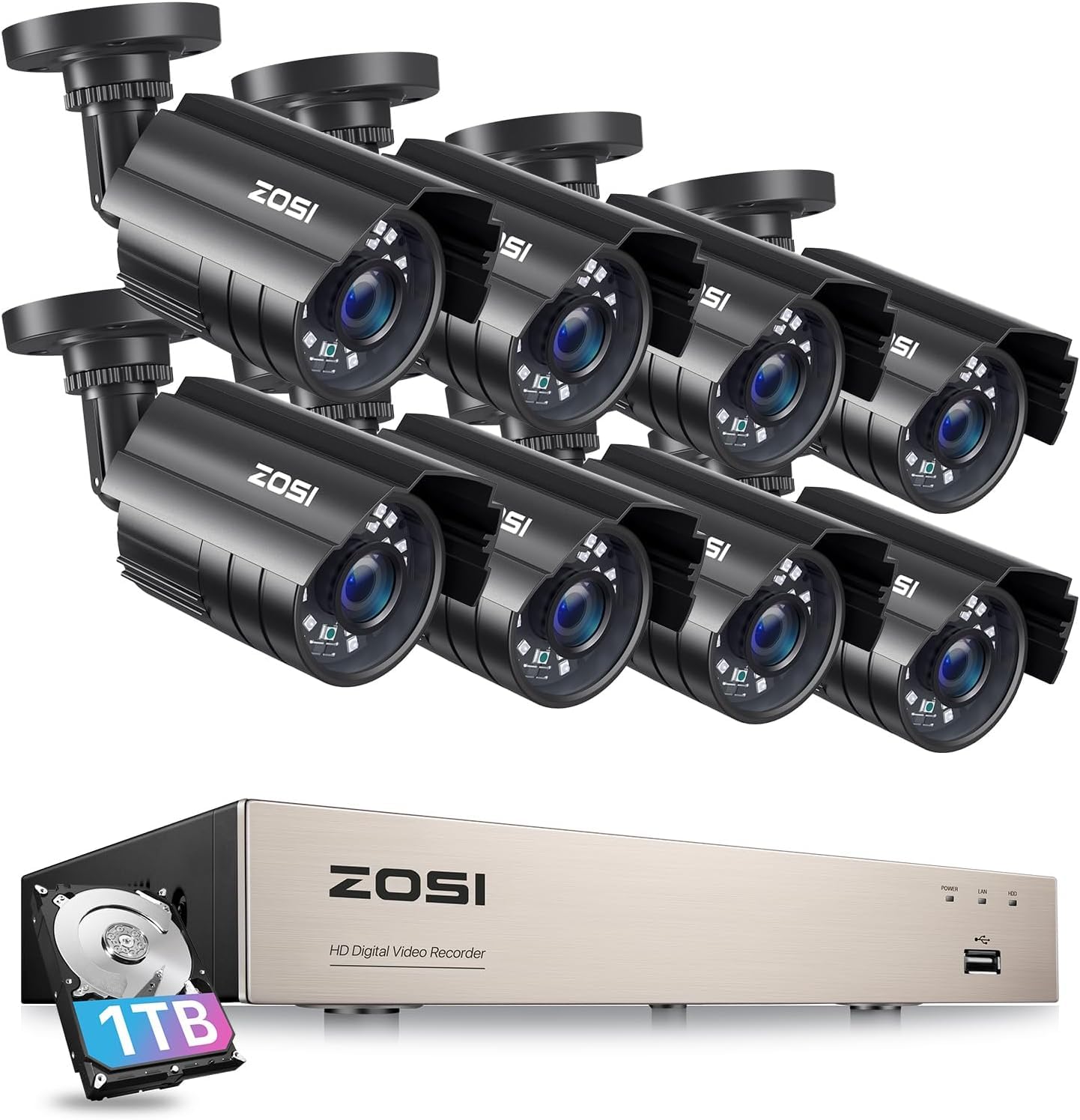 ZOSI 3K Lite 8CH Security Camera System with AI Human/Vehicle Detection, 8pcs 1920TVL 1080p Night Vision Outdoor Indoor Metal Cameras, H.265+ 8Channel