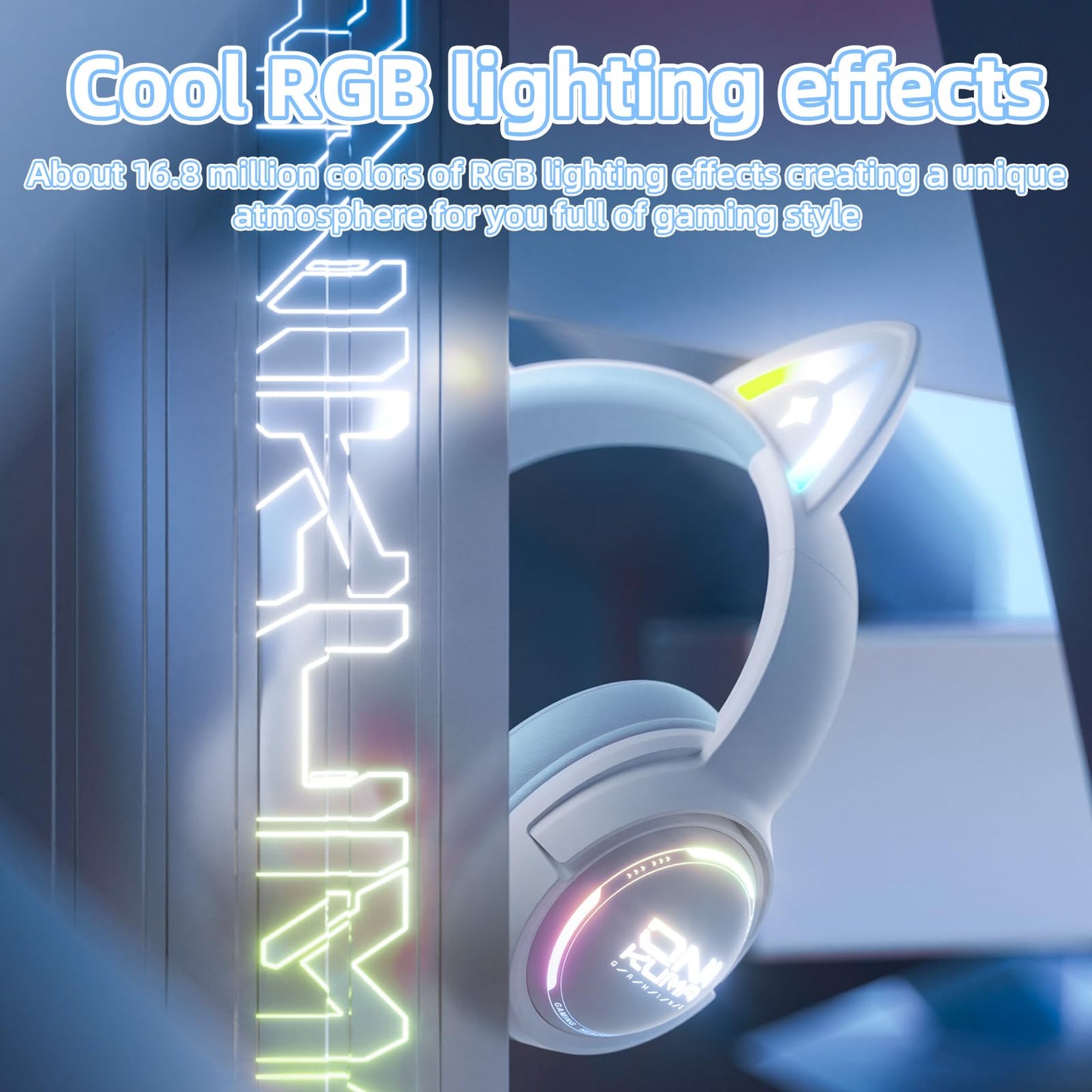 Lyivs Wireless Cat Ear Gaming Headset with RGB Lights - Tri-Mode (2.4G Wireless/Bluetooth/Wired) Over-Ear Headphones with Mic, 50mm Drivers, Low