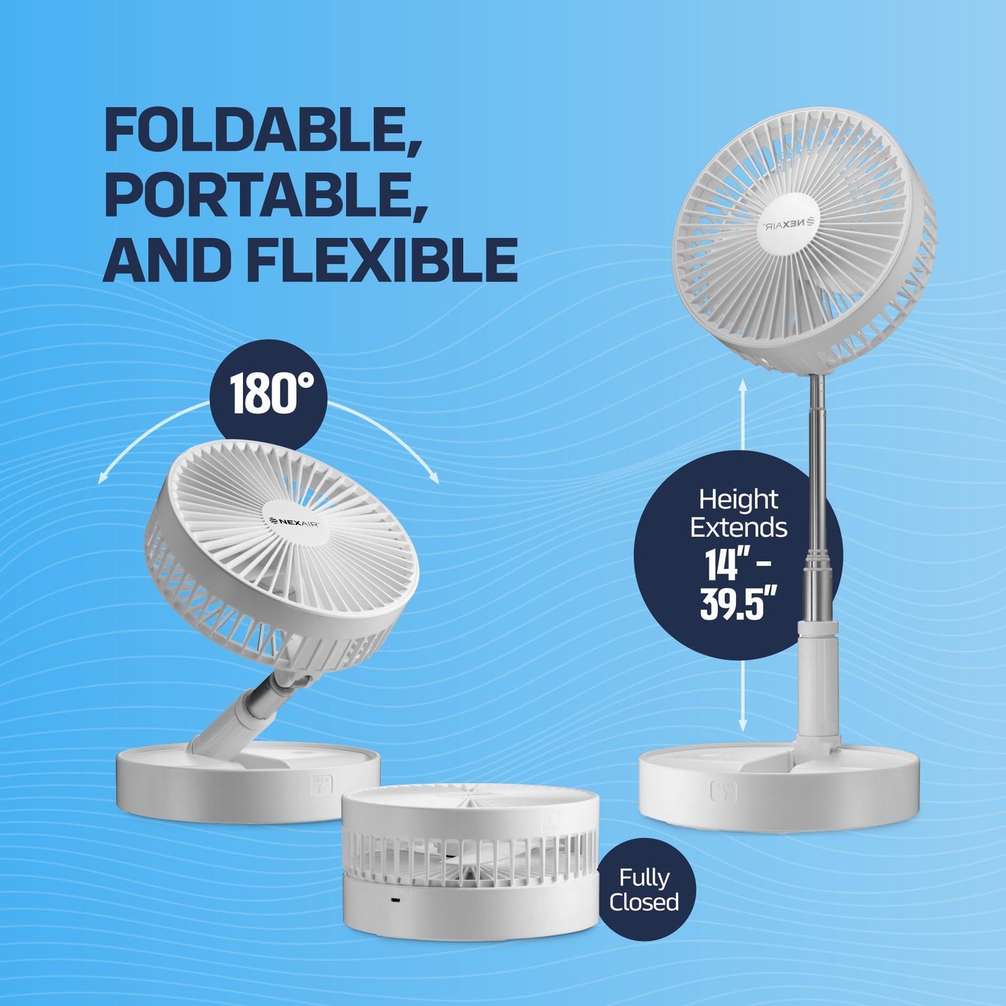 NEXAIR Premium 8" Foldable 4 Speed Portable Fan with Adjustable Height 14” - 39.5 in, Rechargeable Folding Fan For Home And Office, Quiet Floor Fan