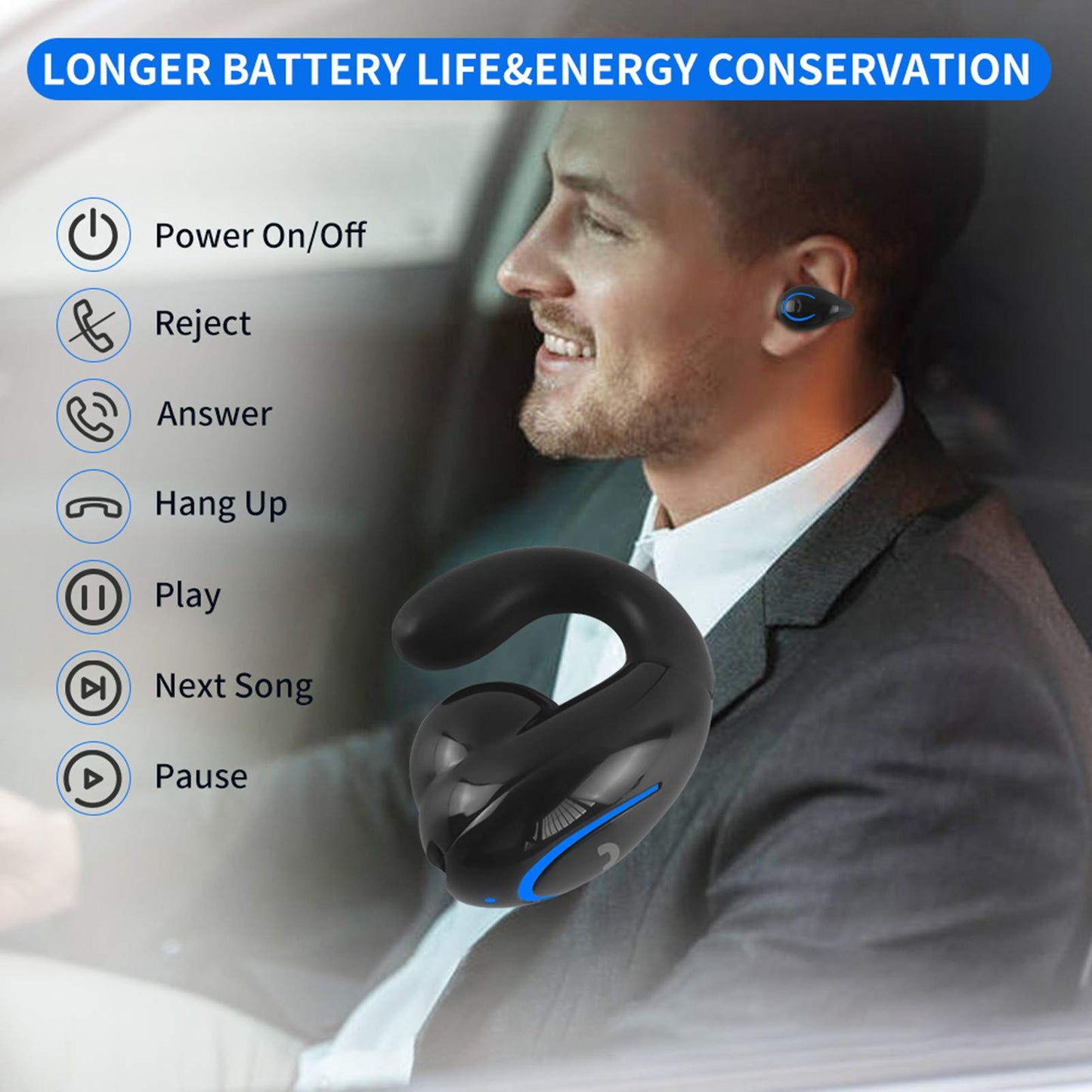 Bluetooth Headset, Sunffice Single Ear BT5.0 Ultralight Wireless Headphone Cell Phone Earpiece Ear Clip with Mic, Noise Canceling Handsfree Driving