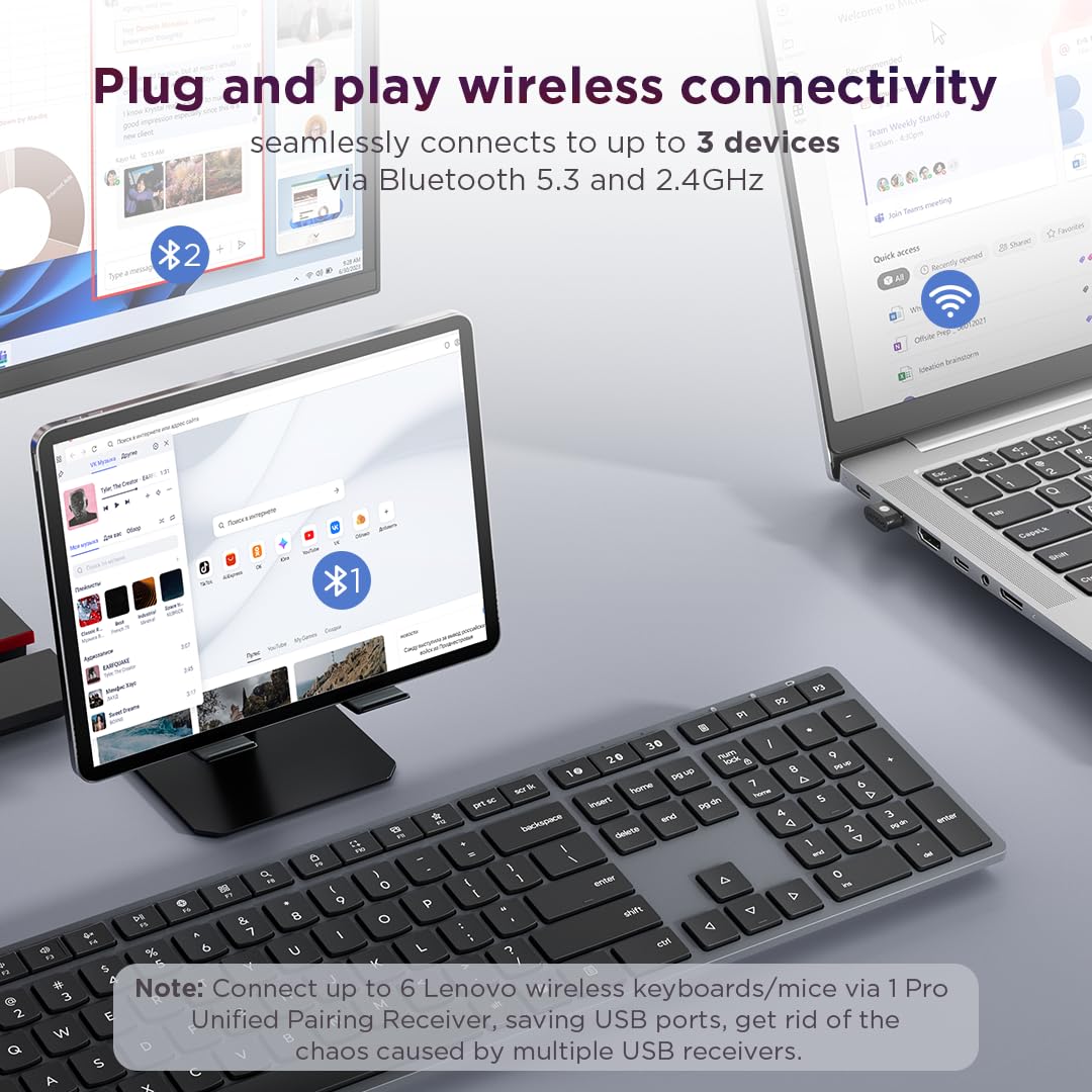 Lenovo 700 Modern Wireless Keyboard, 2.4 GHz Dongle & Dual Bluetooth Connection, AES-128 Encryption, 36 Month Battery Life, Luna Grey