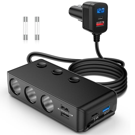Nilight 9 in 1 Cigarette Lighter Adapter Splitter QC 3.0 3 Sockets 4 USB Ports Power Splitter with PD/QC 3.0 Independent Switches LED Voltage Display
