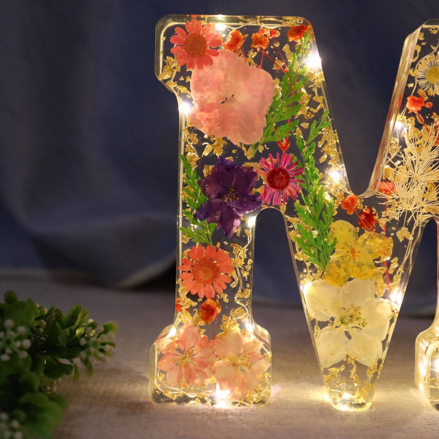 Sleeping Piggy Handmade Large Dried Floral Resin Night Light Letter with LED Lights for Women Girls Christmas Birthday Wedding Gifts (Letter M)