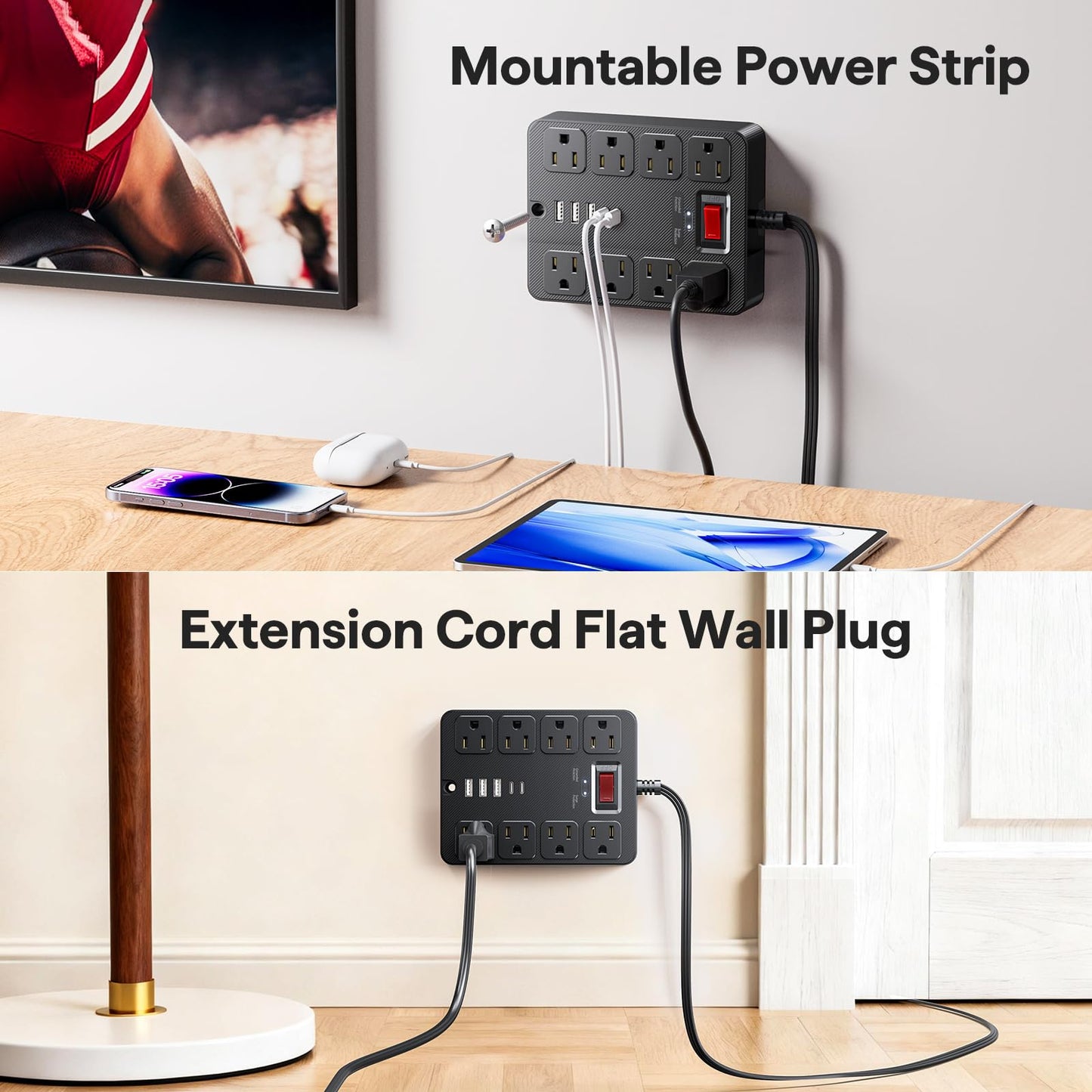 13 in 1 Surge Protector Power Strip Flat Plug 8 Widely AC Outlet 3 USB Ports,1250W/10A?5 ft Extension Cord with Multiple Outlets, Desk Extender