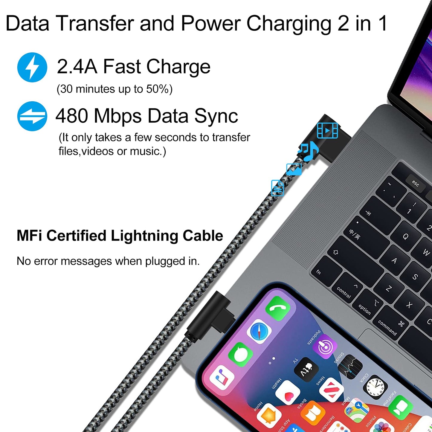 Osecet iPhone Charger 1Ft MFi Certified Short Lightning Cable Braided 90 Degree Elbow Charging Cable Compatible with iPhone 14 13 12 11 Pro X XS XR 8…