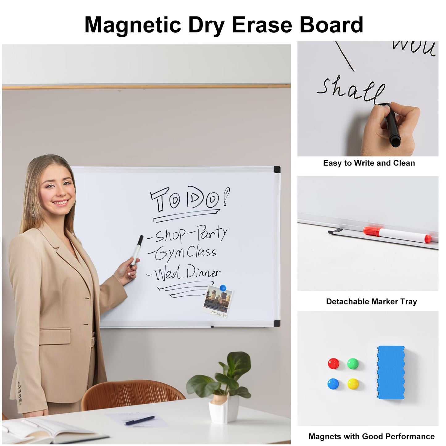 OLIXIS Magnetic White Board, Dry Erase Board for Wall 36" x 24", Whiteboard with 1 Dry Eraser & 2 Multicolor Markers & 4 Magnetic Pins, Aluminium
