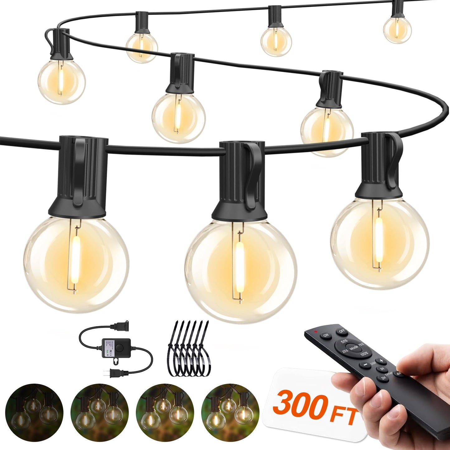 Outdoor-String-Lights-Patio-LED-Light-Outside 300FT Waterproof Dimmer Remote Outdoor Lighting with 3 Modes G40 Globe Plastic LED Bulbs Hanging Lights