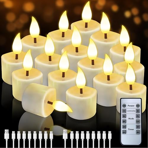 JNOEC Rechargeable Flickering Flameless Tea Lights, 16 Pcs Fake Electric Remote Control Candles with Timer, Safe & Realistic Flame Effect LED Candles
