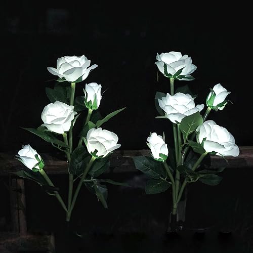 Solar Garden Rose Lights, Decorman 2 Pack Realistic Solar Outdoor Flower Lights Waterproof LED Stake Landscape Decorative Lights with 10 Roses