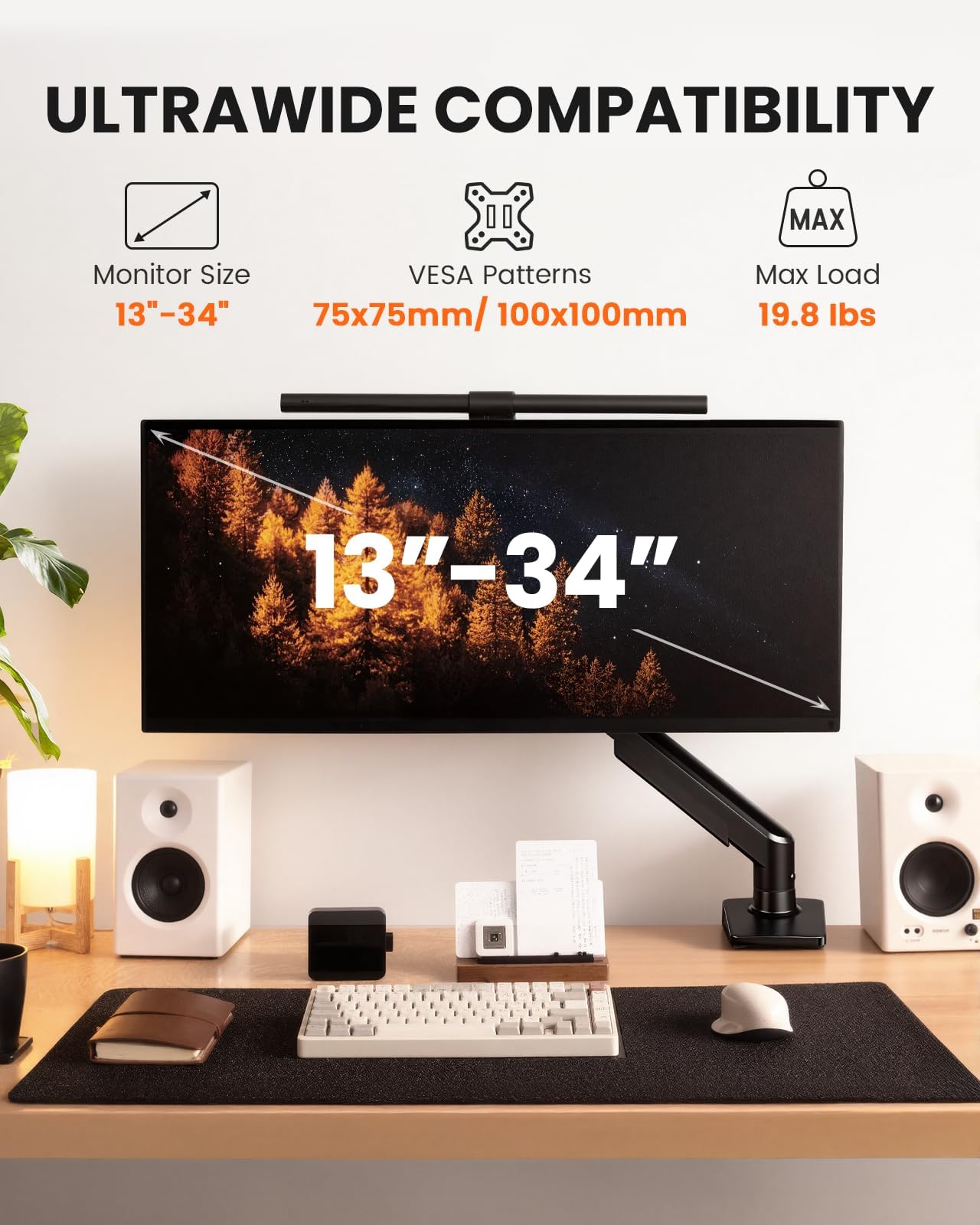 ErGear Single Monitor Arm, Fully Adjustable Monitor Mount for 13-34 Inch Screens, Fast Install Computer Monitor Stand with Tool-Free VESA Mount, Cable